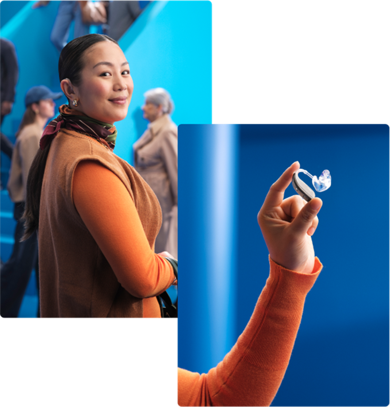A young woman wearing Beltone Boost Max S hearing aids using the Clear Focus feature is not distracted while holding the Beltone Boost Max S hearing aid in her hand, highligting its sleek and small design.